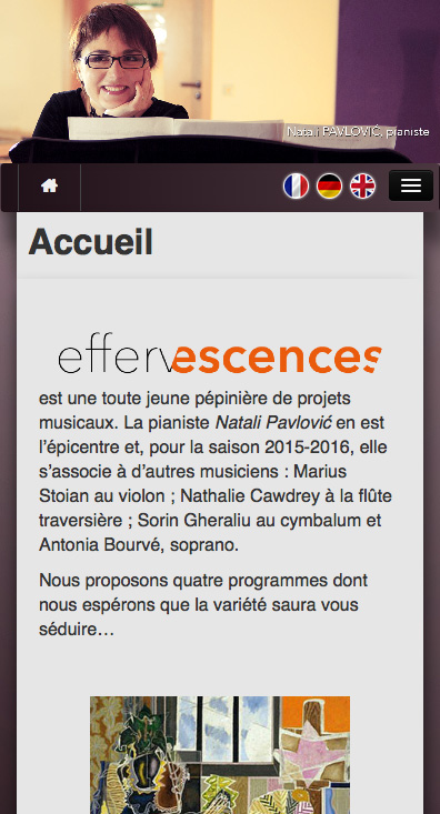 Page d'accueil du site www.natalipavlovic.fr ; version mobile, en Responsive Web Design