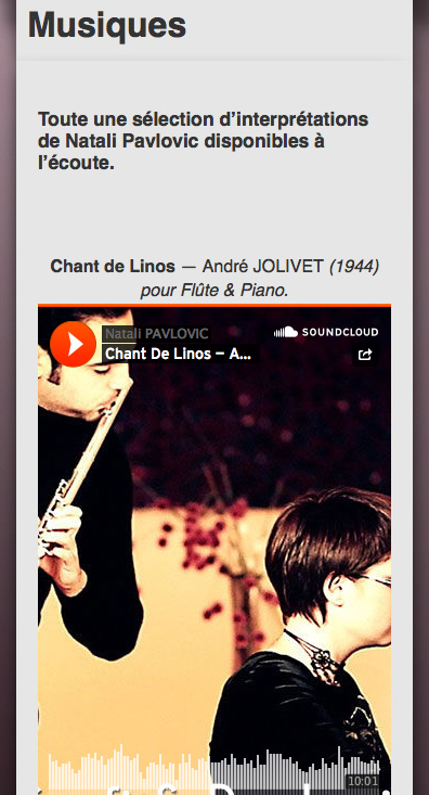 Page des playlists Soundcloud du site www.natalipavlovic.fr ; version mobile, en Responsive Web Design