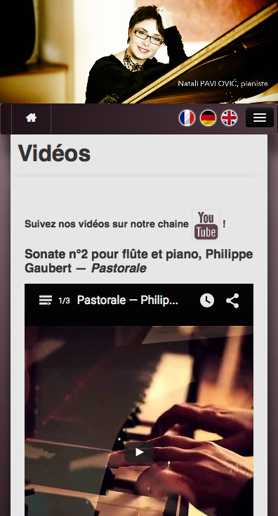 Page des videos du site www.natalipavlovic.fr ; version mobile, en Responsive Web Design