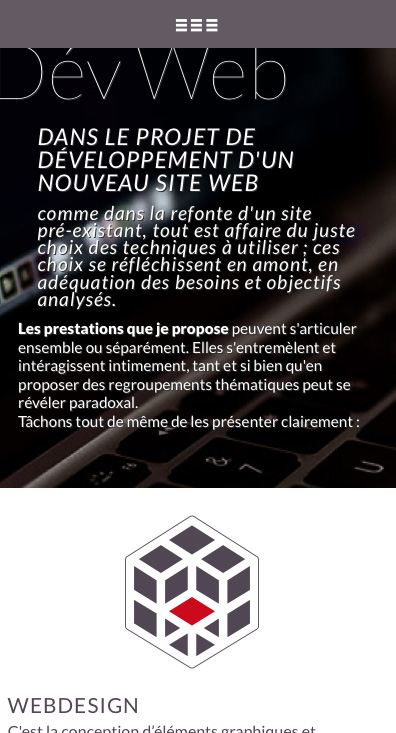 Page de présentation du Développement Web du site www.pomzed.fr ; version mobile, en Responsive Web Design
