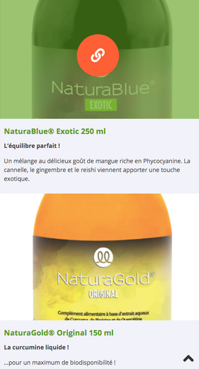 Page de choix de produits de la boutique online du site www.roche-natura.fr ; version mobile, en Responsive Web Design
