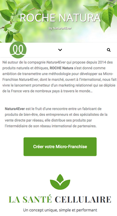 Page d'accueil du site www.roche-natura.fr ; version mobile, en Responsive Web Design